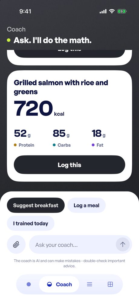 Sweatmeal coach naming a meal - grilled salmon with rice and greens, 720 kcal, 52 g protein, 85 g carbs, 18 g fat - with a Log this button.