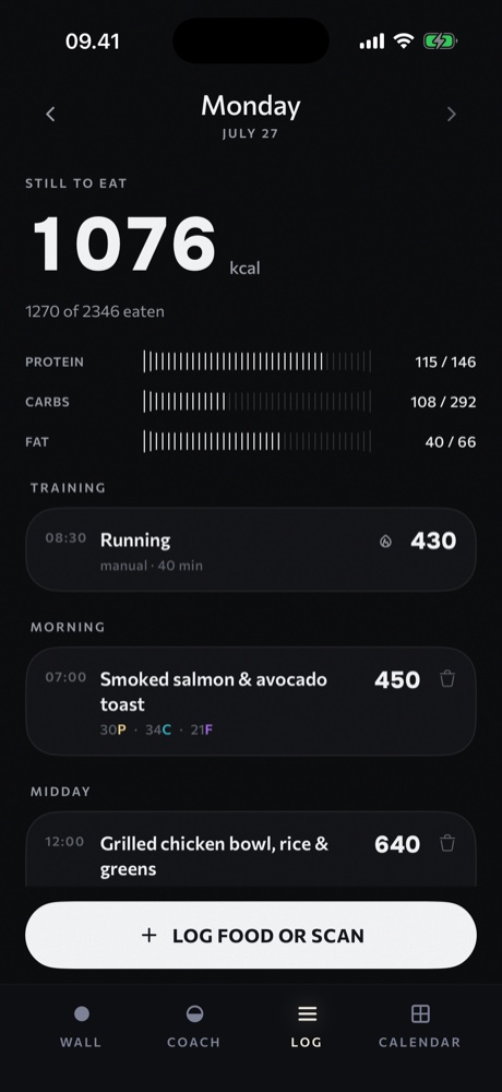 Sweatmeal meal log - describe or photograph a meal to log it in seconds.