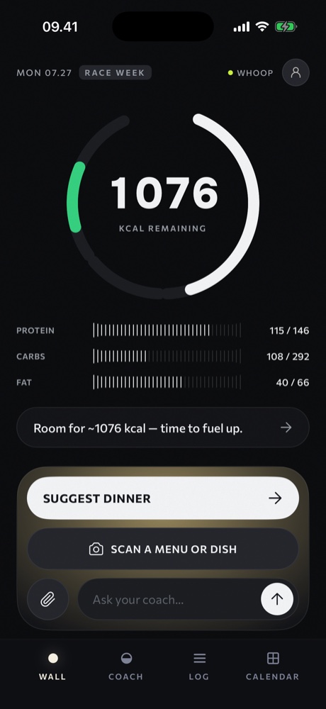 Sweatmeal home screen - today's calorie target on the training-aware ring.