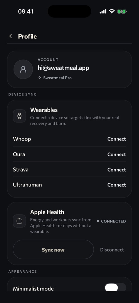 Sweatmeal wearables screen - connect Whoop, Oura, Strava, Ultrahuman or Apple Health.