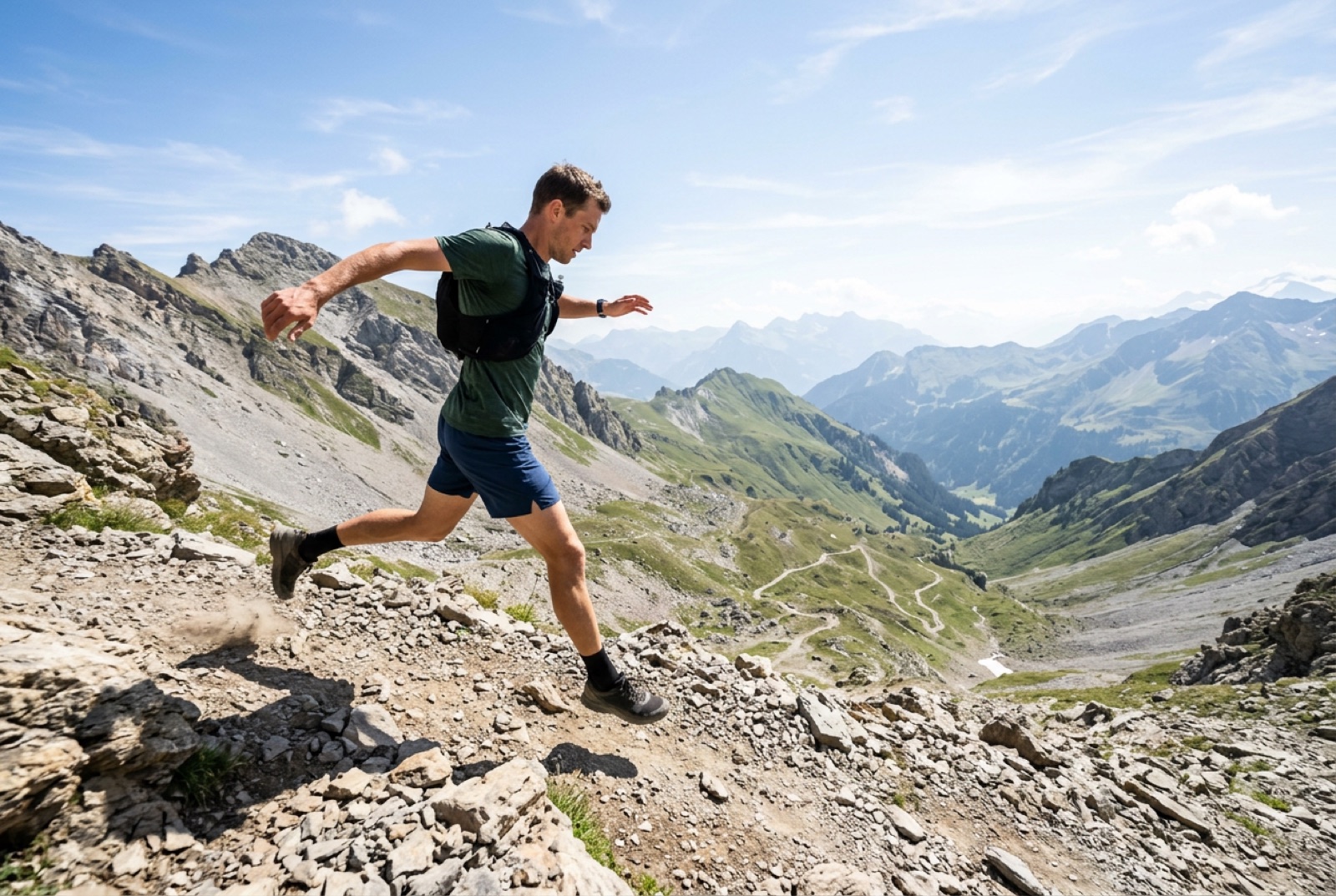 A trail runner descending a rocky alpine ridge at pace, in golden light.