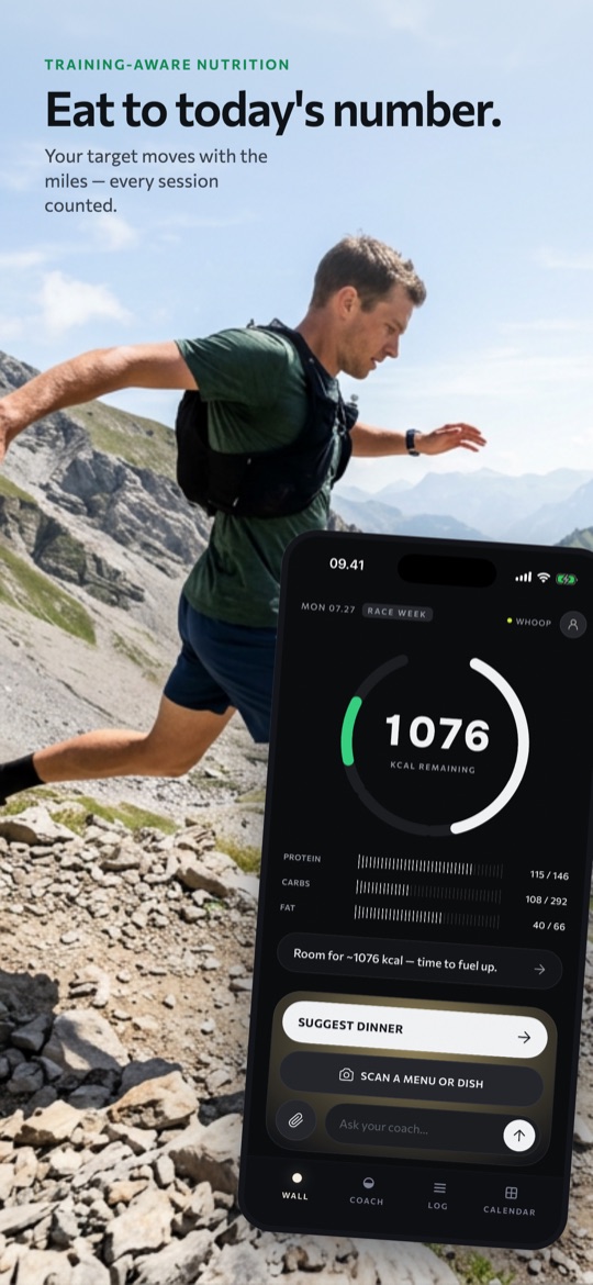 Sweatmeal home screen showing today's remaining calories on a training-aware target ring - eat to the number your training earned.
