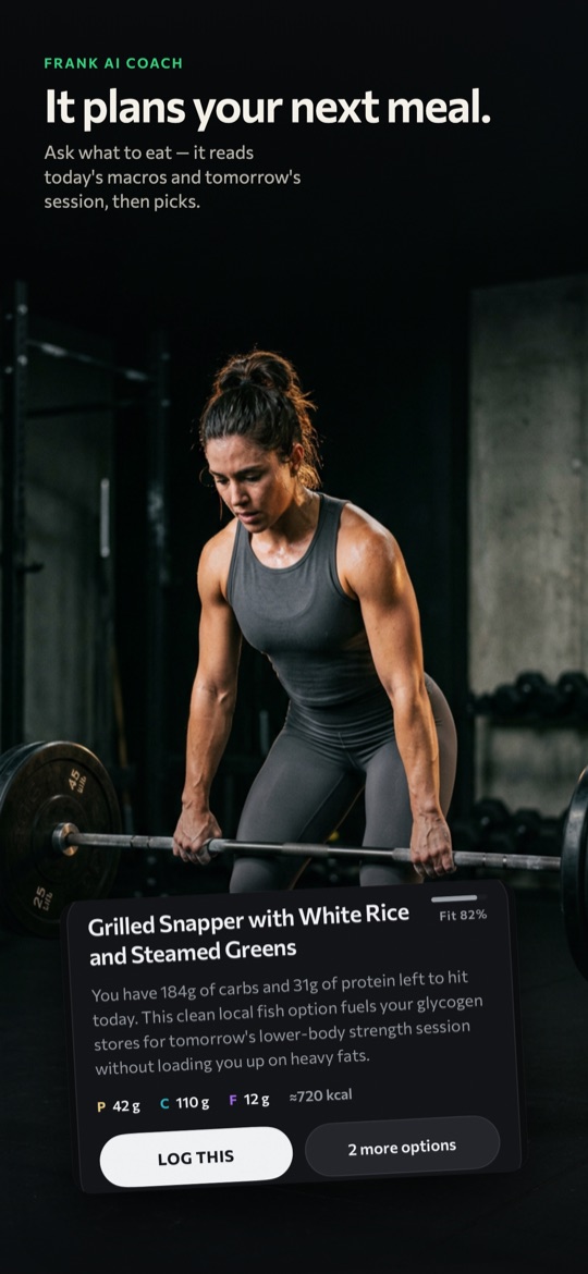 Sweatmeal AI coach naming a specific dinner that closes the day’s remaining protein and carbs, with a one-tap log.
