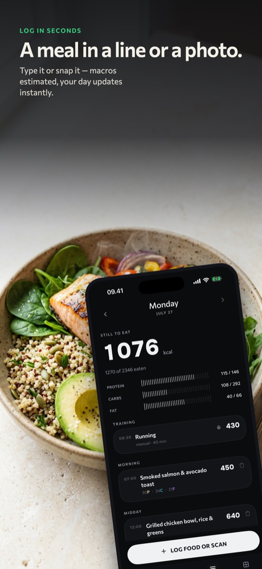 Sweatmeal meal logging - describe a meal in a sentence or snap a photo and the macros are estimated instantly.