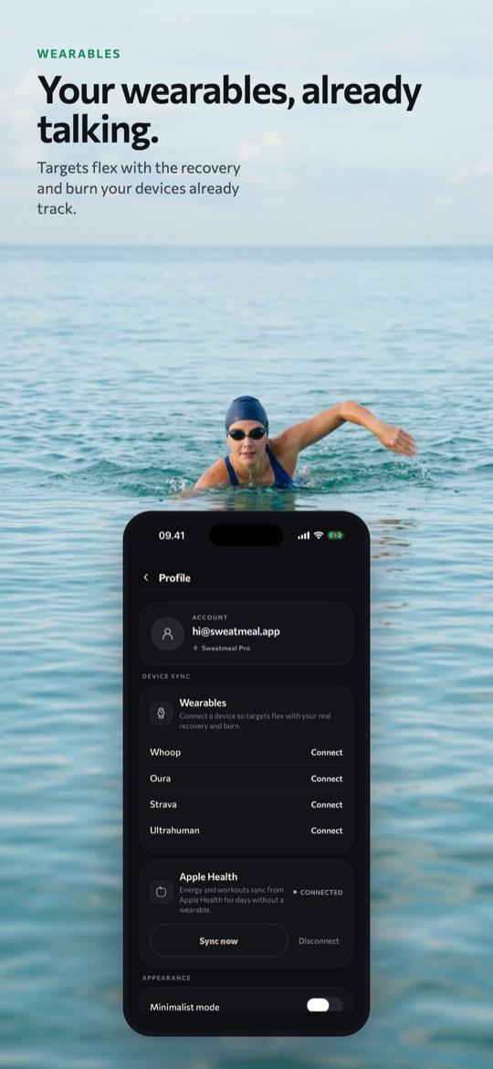 Sweatmeal wearables screen connecting Whoop, Oura, Strava, Ultrahuman and Apple Health so targets flex with your real recovery and burn.