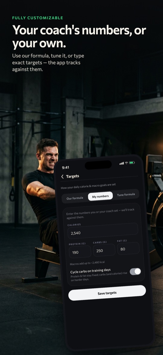 Sweatmeal customizable targets - use the adaptive formula, tune the knobs, or enter your coach’s exact calories and macros.